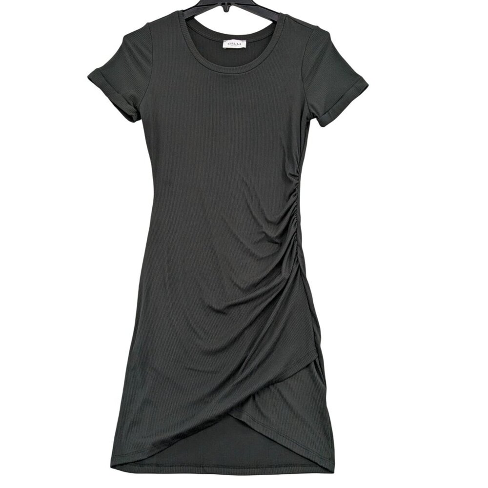 Ribbed Ruched Mini Dress Asymmetrical Wrap Bodycon Minimalist USA Casual Size S
